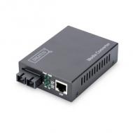 DIGITUS Fast Ethernet Medienkonverter, RJ45 / SC, Multimode wandelt draht-basierte Netzwerksignale in Glasfasersignale um, RJ45 10 / 100BaseTX - LWL-SC 100BaseFX, bis zu 2 km Reichweite, Auto-Erkennung von Voll- und Halbduplex, LED Anzeige, unterstützt Full- und Half Duplex, Metallgehäuse, schwarz, Maße: (B)95 x (T)70 x (H)26 mm
