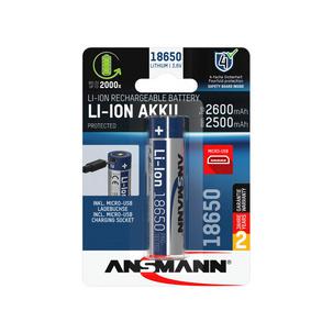 ANSMANN Li-Ion Akku 18650 mit Micro-USB Kupplung, 2.600 mAh